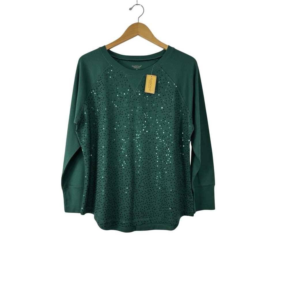 Northcrest Womens Pullover Womens 1X Green Top Long Sleeve Thermal Shirt Sequins